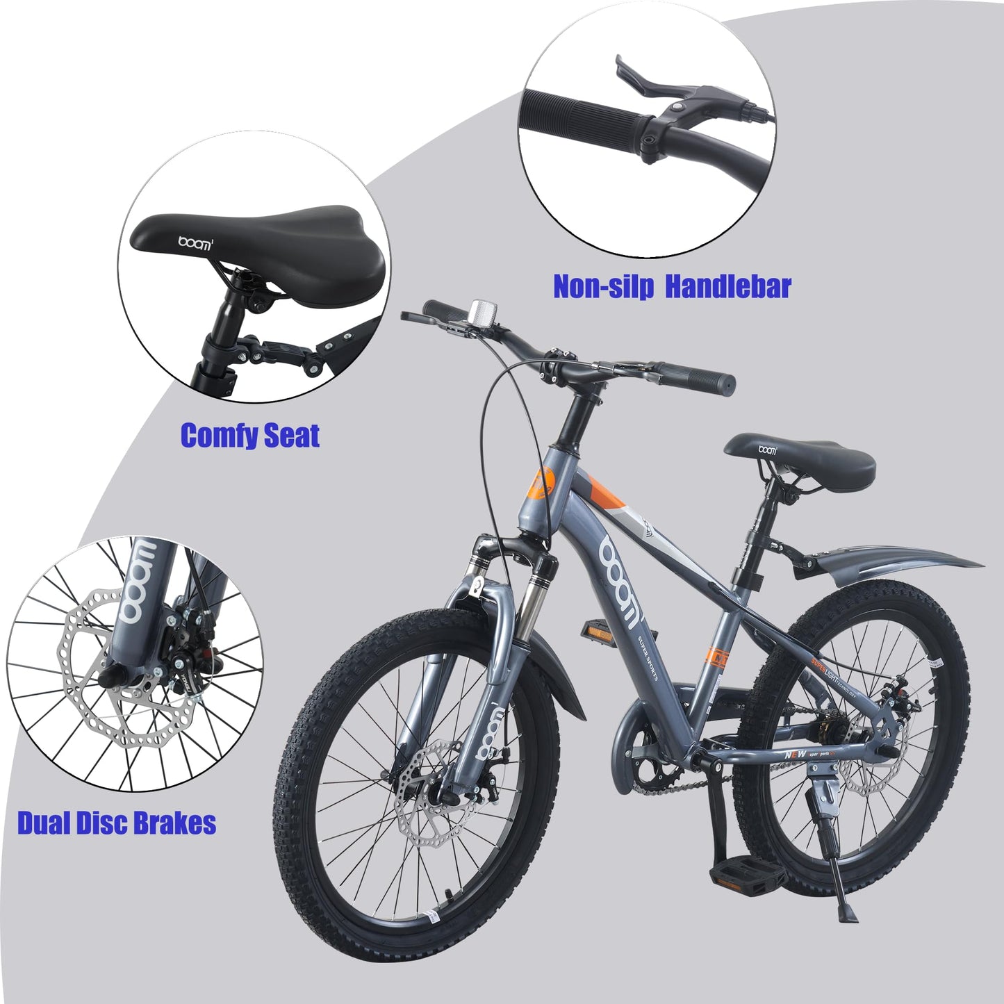 LSLIFE Kids Mountain Bike for Boys, 18 Inch Kids Bicycle for 6-10 Years Old Boy with Shock Absorber Boys Mountain Bicycle with Dual Disc Brake (Grey, 18 Inch)