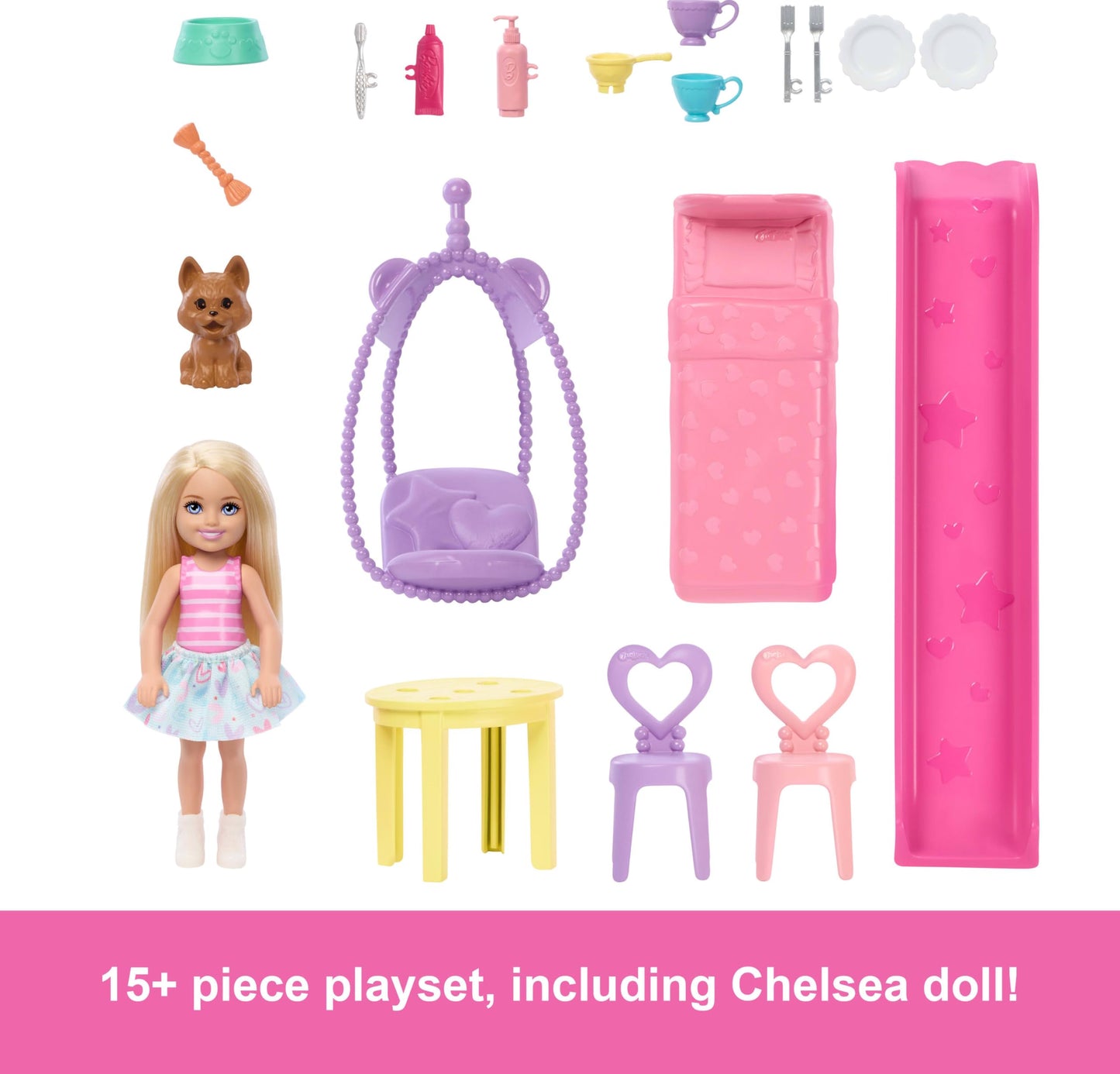 Barbie Chelsea Toy Dollhouse with 15+ Accessories, Pop-Up House Expands to 17+ x 13+ inches with 5 Play Areas & Slide, Includes Small Doll & Pet Dog, JFW49