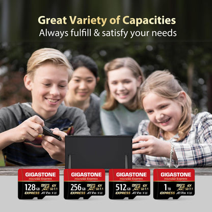 Gigastone 128GB microSDXC Express card with SD adapter, high-speed R/W up to 880/500MB/s, compatible with Nintendo Switch 2 and cameras.