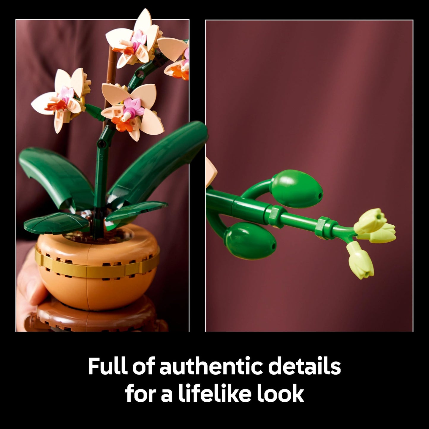 LEGO Botanicals Mini Orchid set in terracotta pot, showcasing vibrant artificial flowers for indoor decor.