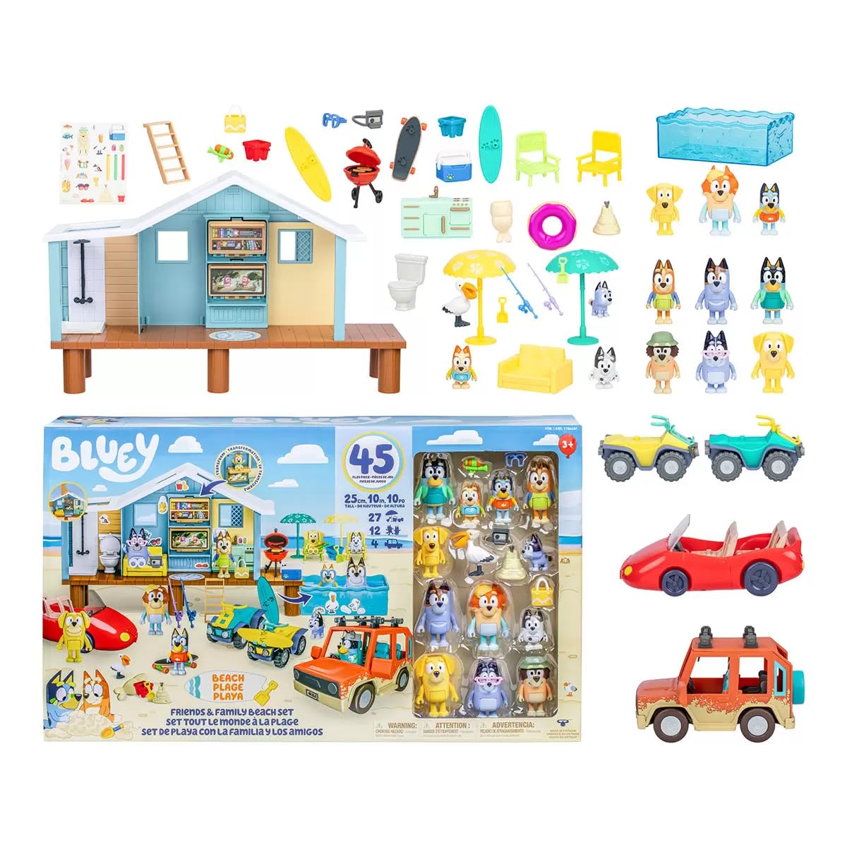 Bluey Friends & Family Beach Bash Mega Set house playset with 45 pieces and sticker sheet, featuring Bluey and family characters.