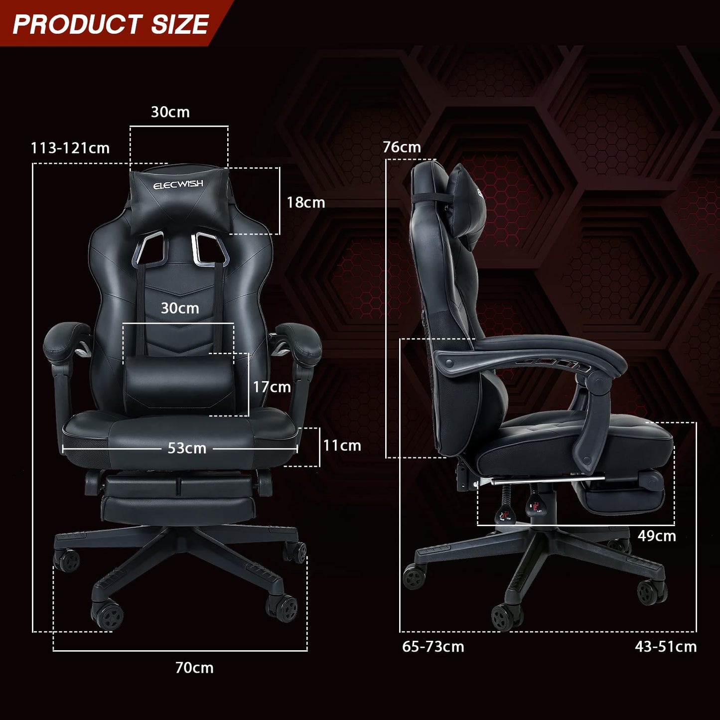 Fullwatt racing gaming chair with footrest, massage lumbar pillow, adjustable height, swivel, recline, black PU leather for adults.