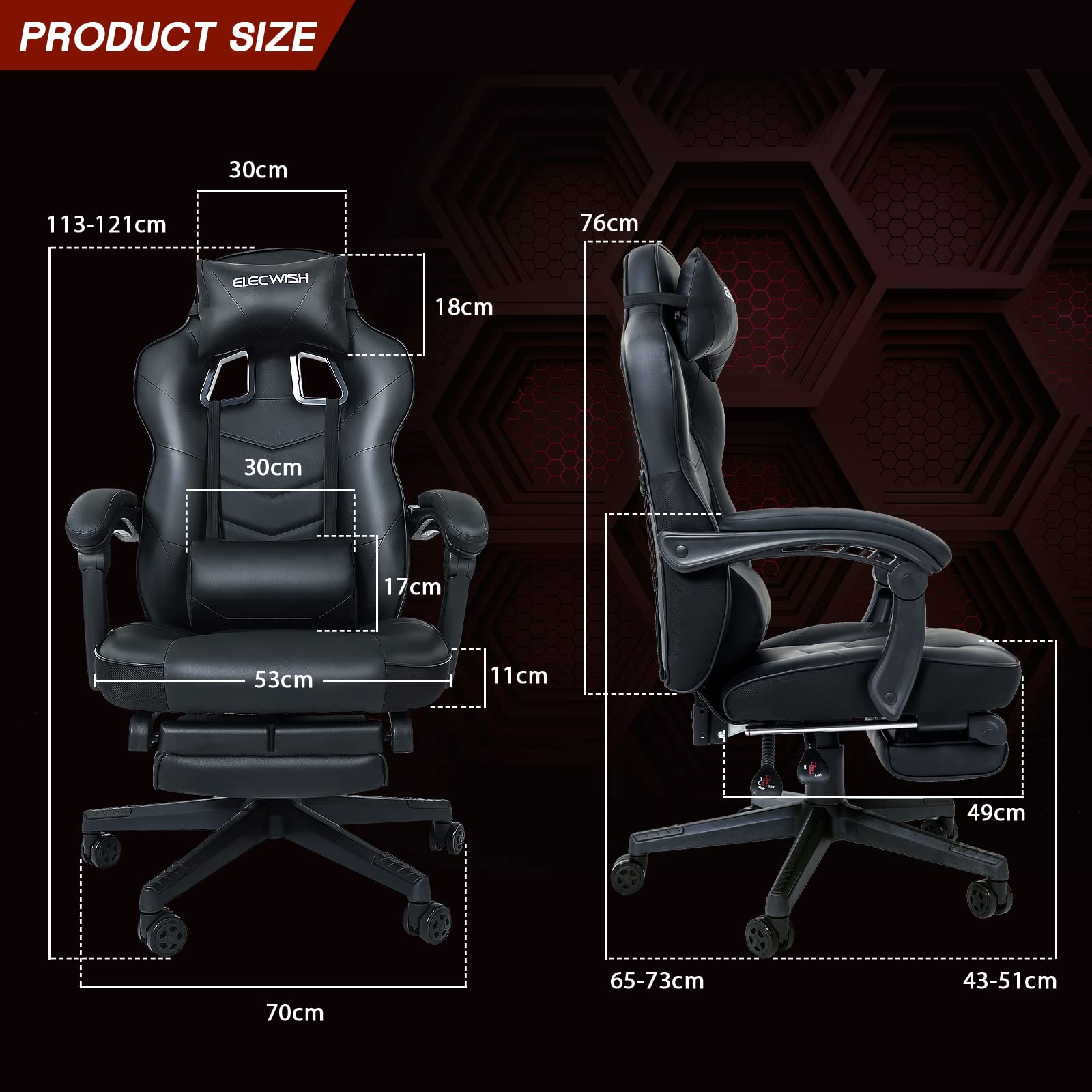 Fullwatt racing gaming chair with footrest, massage lumbar pillow, adjustable height, swivel, recline, black PU leather for adults.