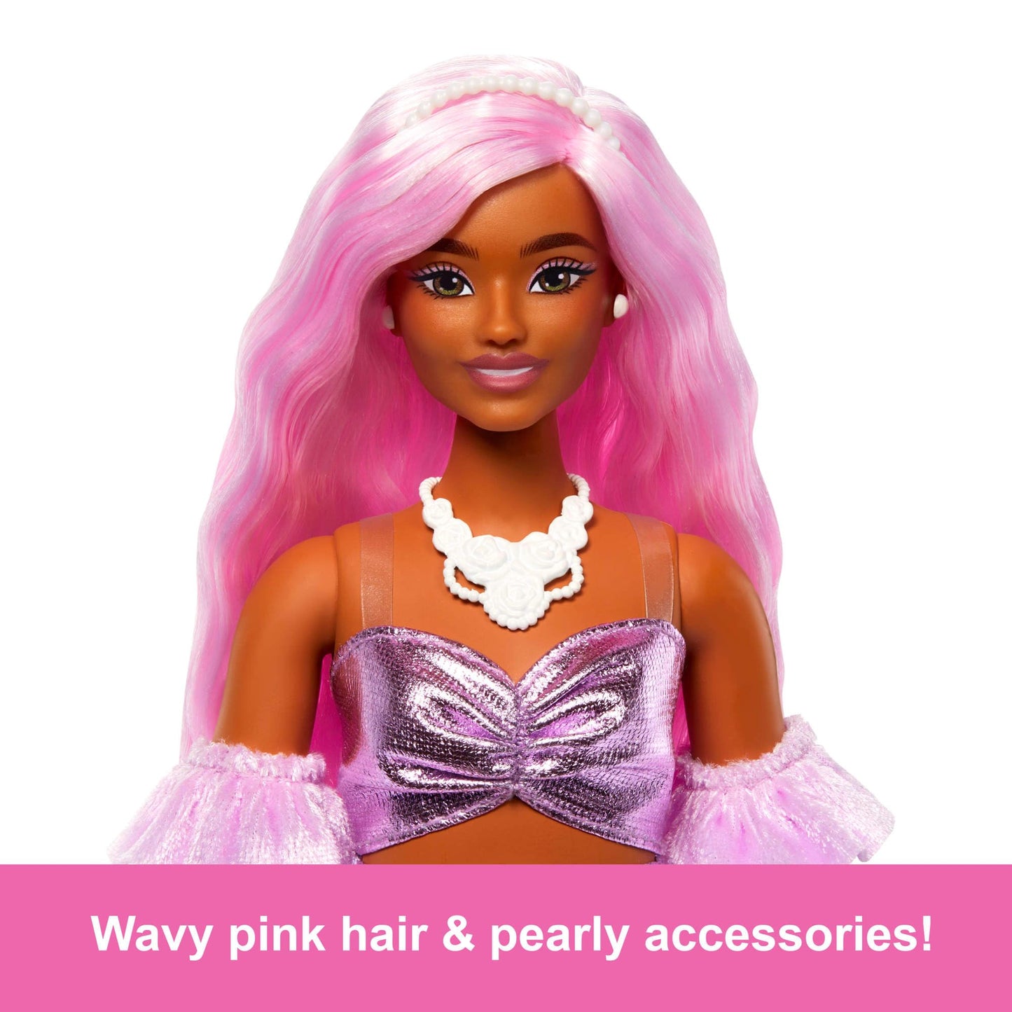 Barbie Deluxe Style Doll #1 in glossy pink dress, pink hair, and velvet gloves with accessories like a money purse.