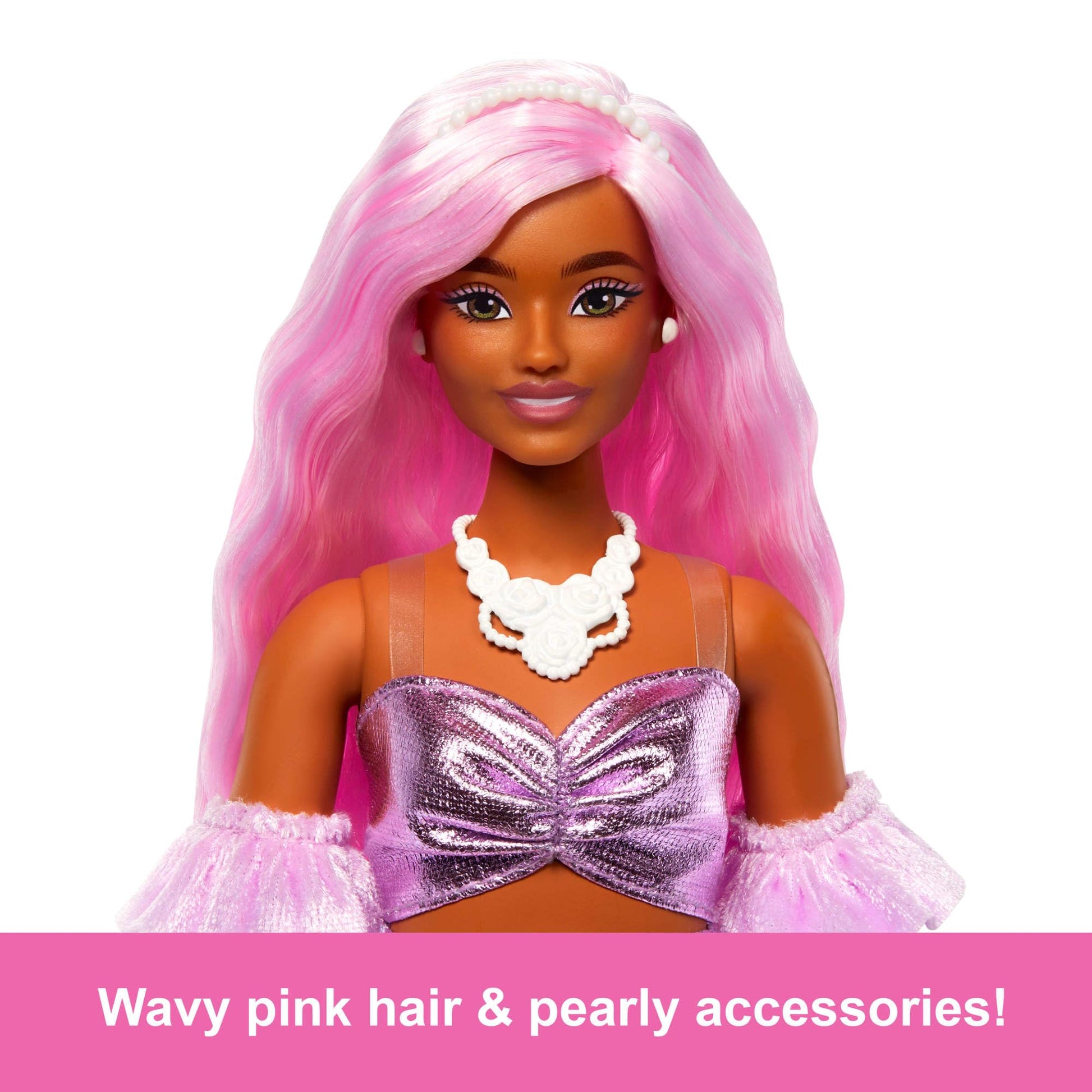 Barbie Deluxe Style Doll #1 in glossy pink dress, pink hair, and velvet gloves with accessories like a money purse.