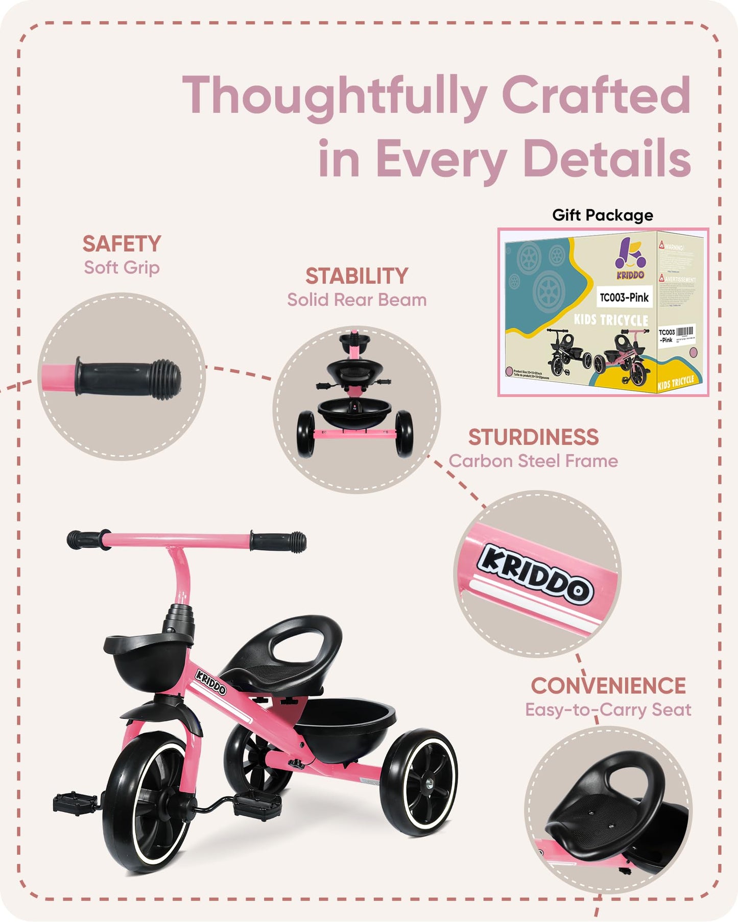 KRIDDO Kids Tricycles Age 24 Month to 5 Years, Toddler Kids Trike for 2.5 to 5 Year Old, Gift Toddler Tricycles for 2-4 Year Olds, Trikes for Toddlers, Pink