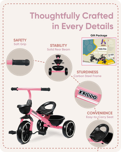KRIDDO Kids Tricycles Age 24 Month to 5 Years, Toddler Kids Trike for 2.5 to 5 Year Old, Gift Toddler Tricycles for 2-4 Year Olds, Trikes for Toddlers, Pink