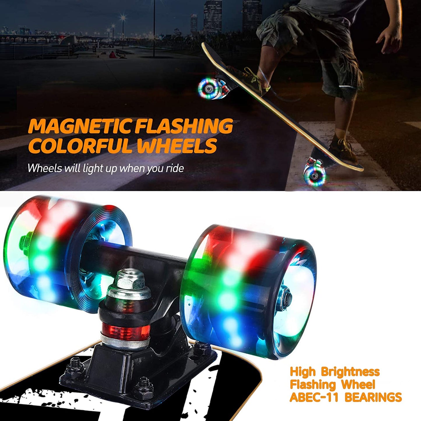 GIEEU Skateboards with Colorful Flashing Wheels for Beginners,Kids,Teens,Adults,31 x 8 Inch Complete Standard Skate Boards 9 Layer Canadian Maple Deck Concave Skateboard (Black White Skateboard-UK)