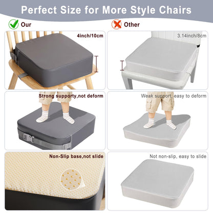 TOTIDYH Toddler Booster Seat for Dining Chair, 10cm PU Washable Baby Booster Seat for Dining Table, Portable Travel Table Booster Cushion for Toddler with 2 Adjustable Straps(Grey)