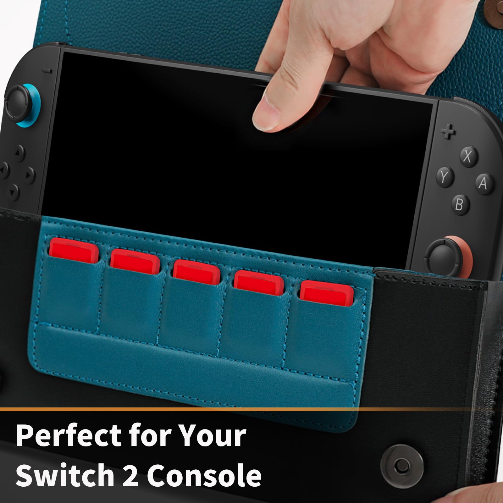 PALPOW Switch 2 travel case in blue with slim design, holds Nintendo Switch 2 console, 5 game cards, and accessories, leather sleeve pouch