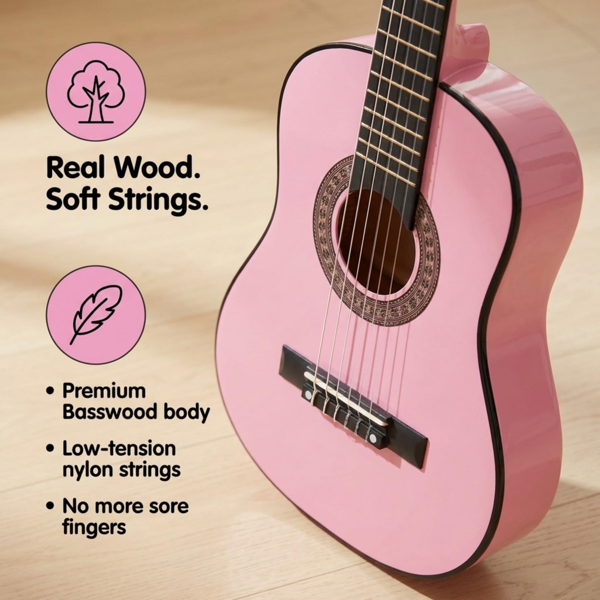 Music Alley classical junior acoustic guitar for kids with a protective carrying bag, featuring a small size and traditional wood finish.