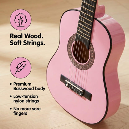 Music Alley classical junior acoustic guitar for kids with a protective carrying bag, featuring a small size and traditional wood finish.