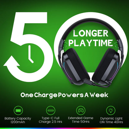 Wireless WESEARY gaming headset with microphone, 50mm drivers, LED light, for PS5, PC, PS4, Switch, Mac, 50-hour battery life