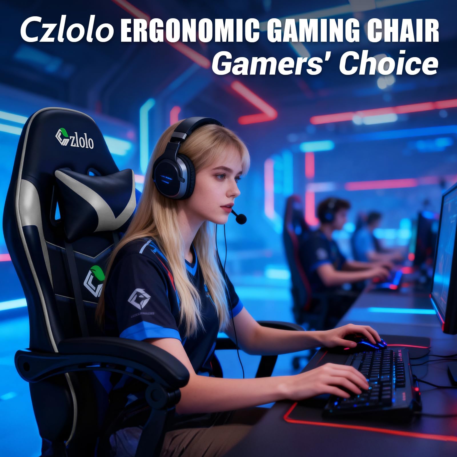 Czlolo gaming chair in grey with lumbar support, headrest, footrest, linkage armrests, and adjustable recline for gaming comfort.