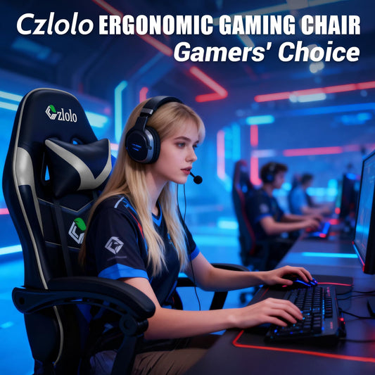 Czlolo gaming chair in grey with lumbar support, headrest, footrest, linkage armrests, and adjustable recline for gaming comfort.