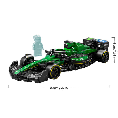 LEGO Speed Champions Aston Martin F1 AMR24 race car toy with collectible driver minifigure, ideal for motorsport fans.
