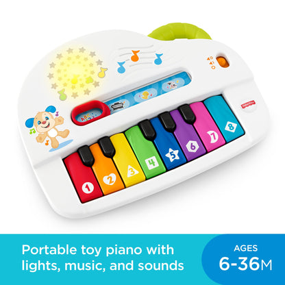 Fisher-Price Silly Sounds Light-Up Piano - UK English Edition, take-along toy piano with lights, real music notes and learning songs for baby and toddlers, GFK04