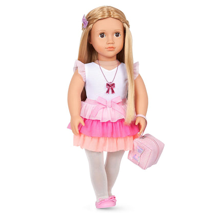 Our Generation Thea doll with blonde hair, hazel eyes, bow-themed outfits, and styling accessories in a gift box.
