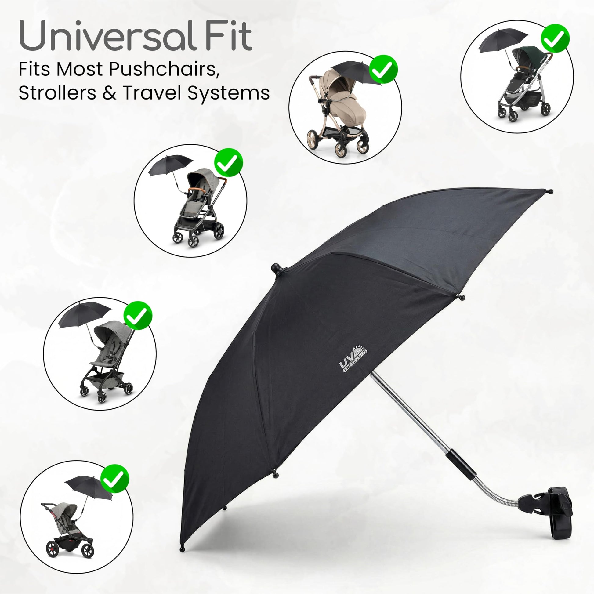 Black baby parasol umbrella from Cuddles Collection with UV protection, fits pram, stroller, pushchair, and buggy.