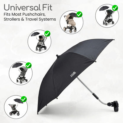Black baby parasol umbrella from Cuddles Collection with UV protection, fits pram, stroller, pushchair, and buggy.