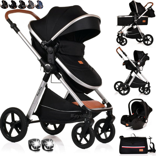 Baby Pram Pushchair Buggy Stroller 3 in 1 with Car Seat Child Lightweight Folding Stroller 3 in 1 Travel System Pram for Newborns Toddlers from Birth New 2026 Style FREEBIES (BBC - Black Silver, BBC)
