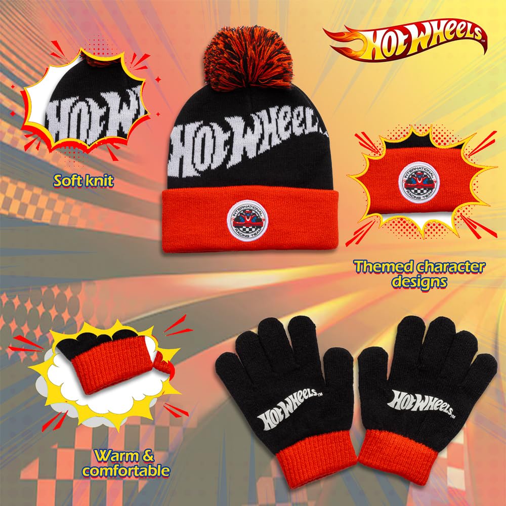 Hot Wheels Boys Hat and Gloves, Official Knit Winter Set for Boys, Cold Weather Accessory Set, 100% Acrylic
