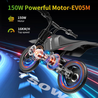 Evercross EV05M electric kids motorcycle with 12-inch tires, 150W motor, adjustable speed modes, suitable for children ages 3-12.