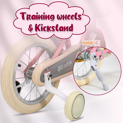 Kids Bike 14 Inch for Girls Children's Bike for Ages 3-5 Years with Stabilisers & Kickstand,Handbrake Coaster Foot Brake Basket and Bell (Pink, 14 Inch with Stabilisers & Kickstand)