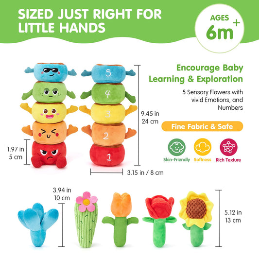 hahaland Baby Sensory Toys 6-12 Months Montessori Toys Sorting Stacking Plugging Baby Toys, 10PCS Fabric Plush Potted Plants & Soft Rattle Flowers Sensory Toy, Various Textured Crinkle Montessori Toy