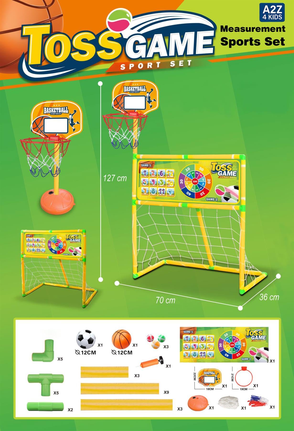 A2Z 4 Kids 3-in-1 indoor/outdoor sports game set with basketball hoop, football goal, target board, balls, and pump for children.
