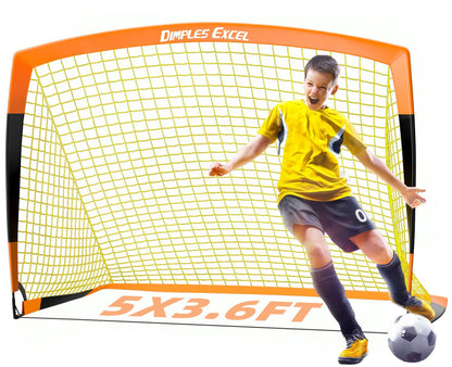 Dimples Excel pop-up football goal in black and orange, portable and foldable 5x3.6FT garden soccer net for outdoor play