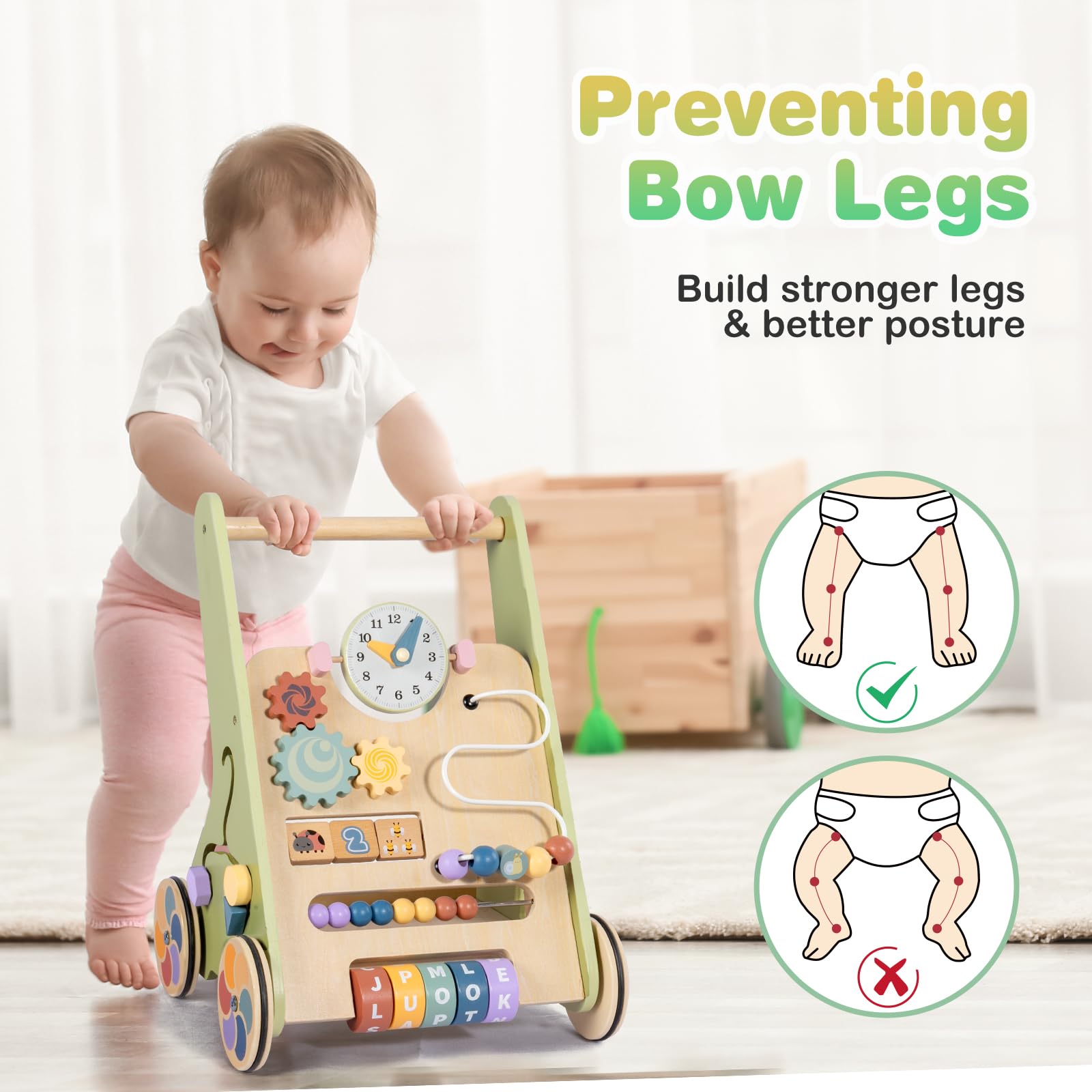 LOL-FUN wooden baby walker for toddlers 6-12 months, 10-in-1 push toy with speed control and activity features for 1-year-olds.