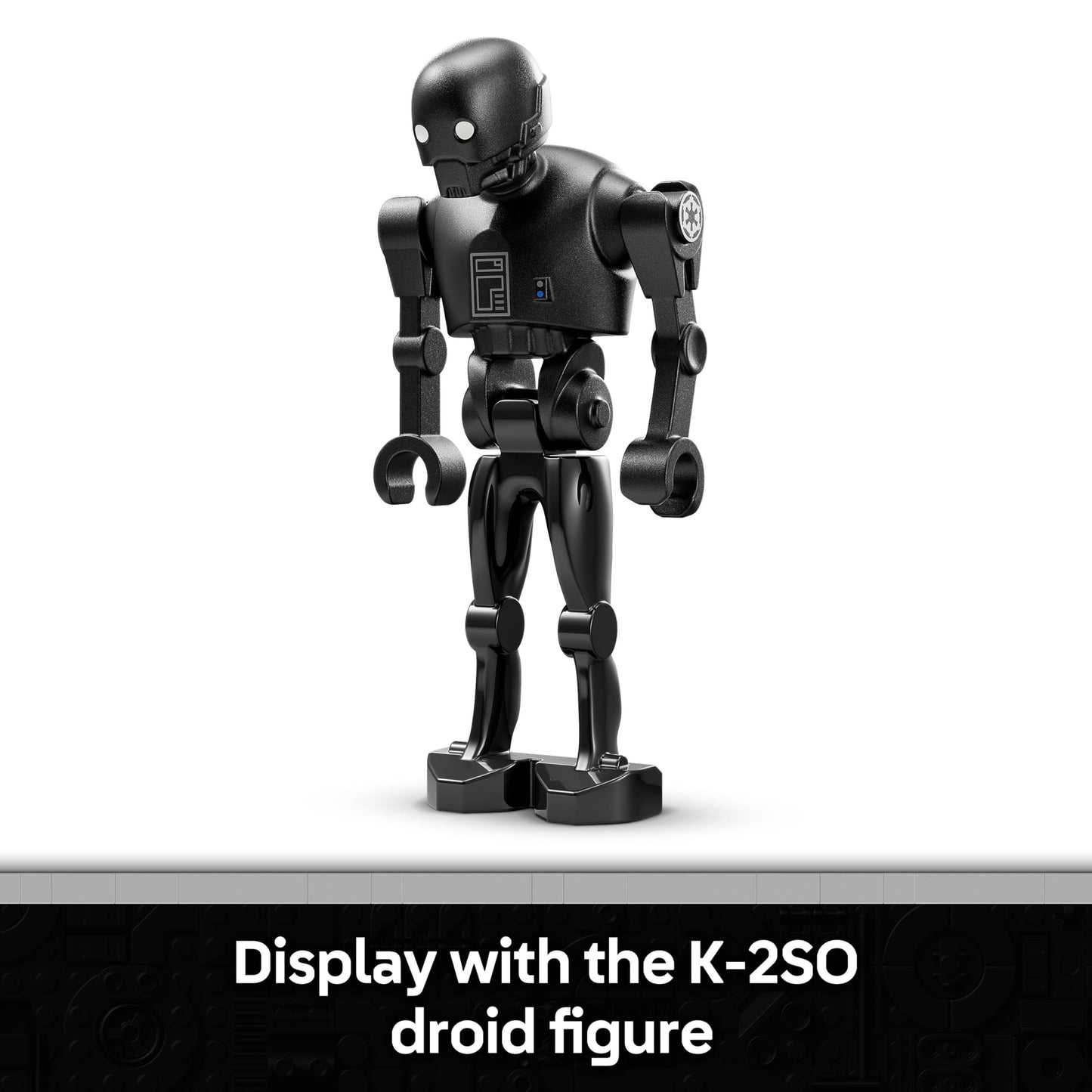 LEGO Star Wars 75434 K-2SO Security Droid figure, posable with an information plaque, set against a display backdrop.