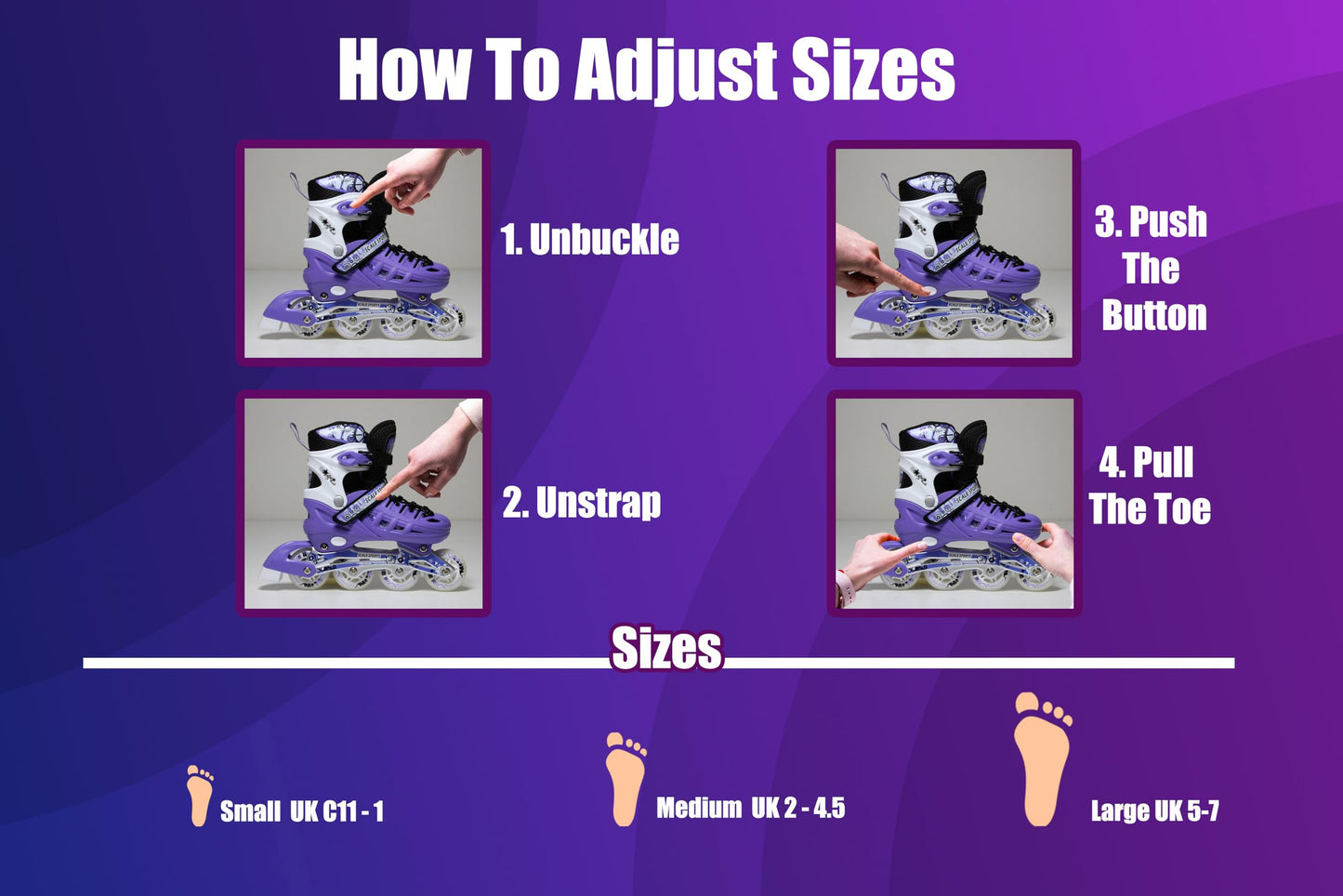 Scale Sports - Adjustuble Roller Skates with light up wheels for children and adults - Kids Inline Roller Skates (purple, UK 5-7 (EU 38-41) L)