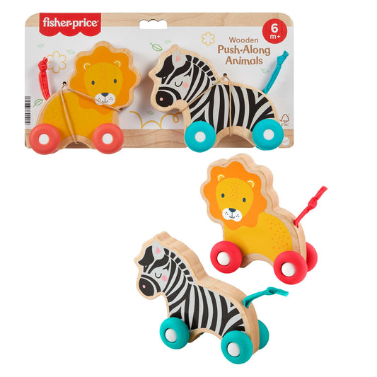 Fisher-Price Wood Baby Toys Push-Along Animals, Set of 2 Wooden Vehicles with Silicone Wheels for Crawling Play Infants Ages 6+ Months, JFN19