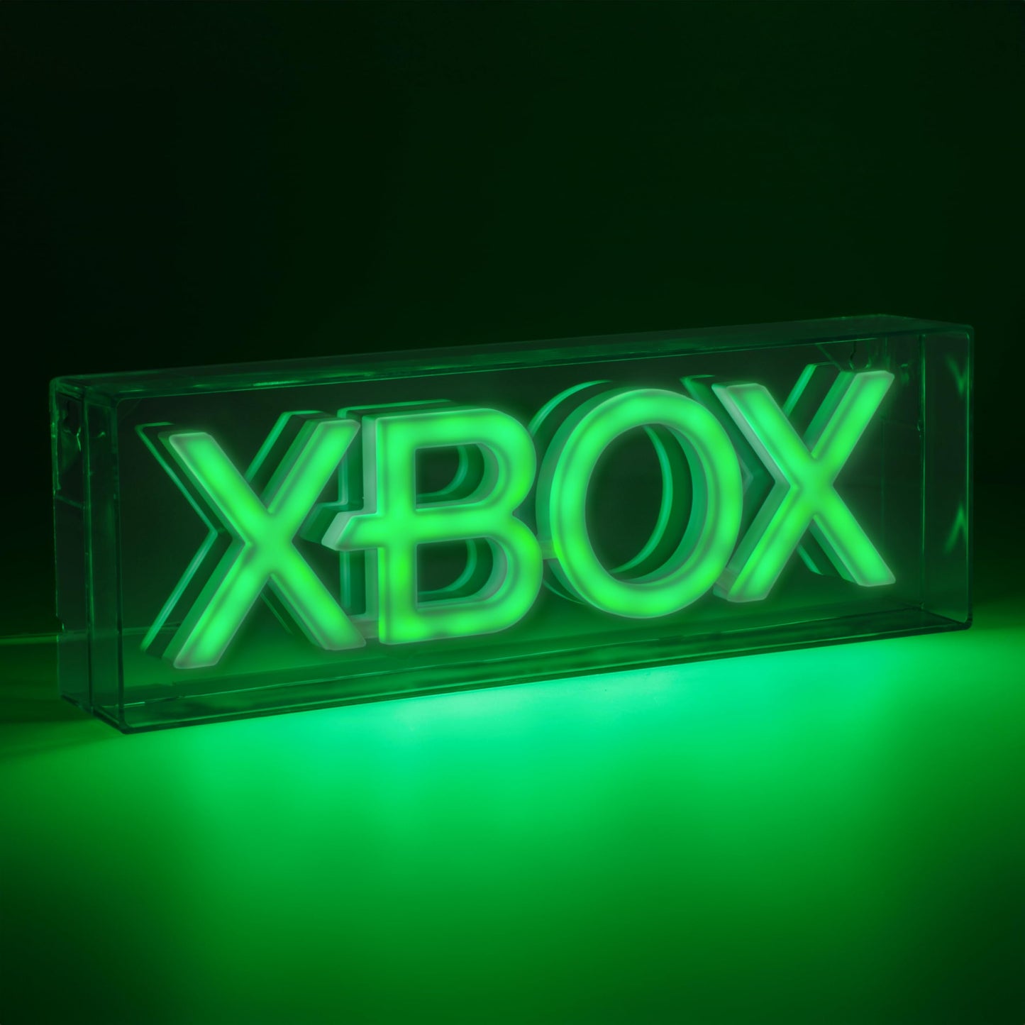 Green Xbox logo LED neon light by Paladone, wall mountable or free-standing sign for gaming rooms and gamer decor.