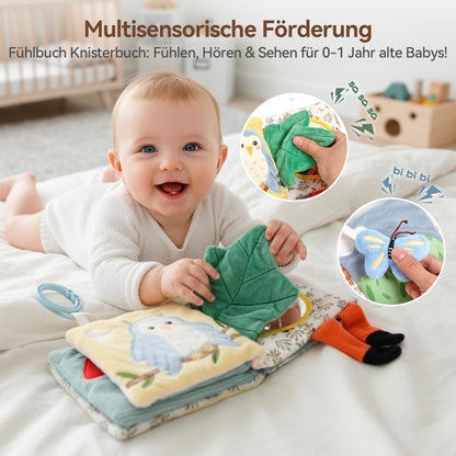 WOODEN TEETHER Baby Soft Books 0-6 Months, Touch and Feel Crinkle Cloth Activity Books - Sensory Books Toy with Mirror for Newborns 0 3 6 12 Months, Car Seat Gifts for Infants Girls Boys