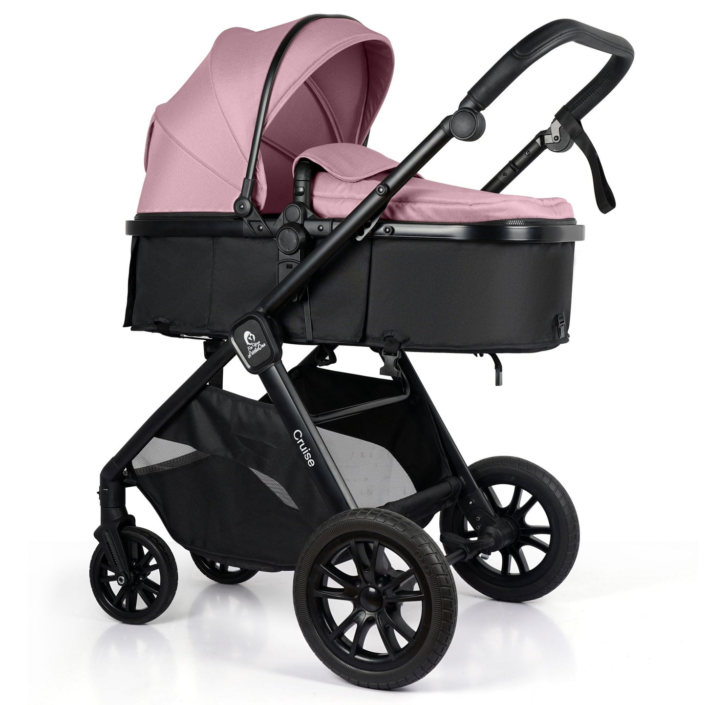 For Your Little One Cruise 3-in-1 Travel System with i-Size Car Seat, Stroller with Carrycot, 13kg Pram, Height Adjustable Handle, Pram, Newborn 0-4 Years Free Raincover and Cupholder (Blush Rose)