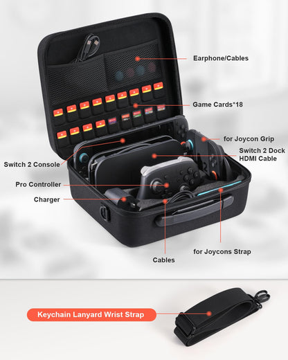 STARTRC GAMES hard carrying case for Nintendo Switch 2 with large capacity, 18 game card slots, black travel bag for console and accessories