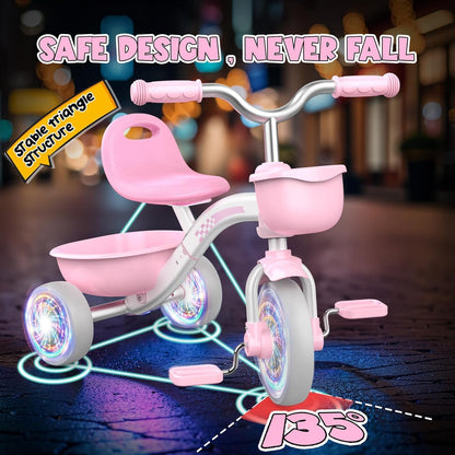 HappyGoLucky Pink Tricycles Toys for 2-5 Year Old Girls Gifts, Balance Bike 2 3 4+ 5 Year Old with 3 Colorful Lighting Wheels & Adjustable Seat, Baby Toddler Kids Cycle Trikes Bike Girls Toys Age 2-5