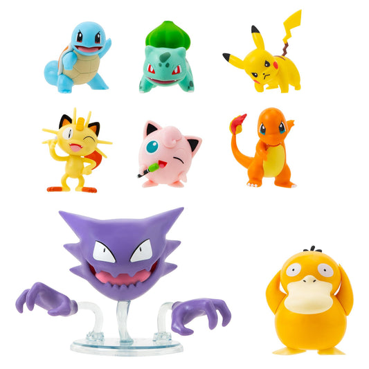Pokémon Battle Figure 8 Pack featuring six 2-inch and two 3-inch figures, including Pikachu in action poses.
