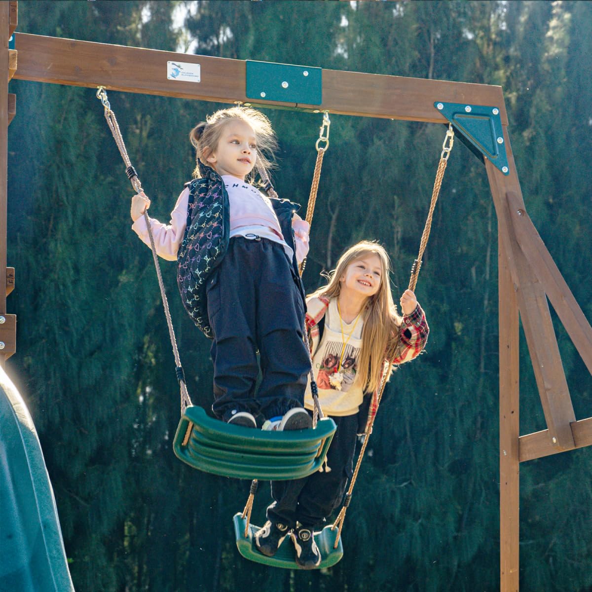 DOLPHIN PLAYGROUND T Wooden Swing and Slide Set for Backyard, Kids Swing Set with Picnic Table, Play House for Kids Outdoors with Slide 2 Swings Climbing Wall, Kids Outdoor Play Equipment for Ages 3+