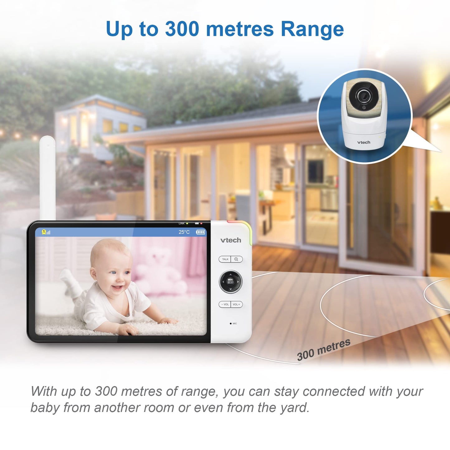 VTech VM919HD baby monitor with camera showing 360° pan, tilt, 7" HD display, night vision, and wide-angle view.