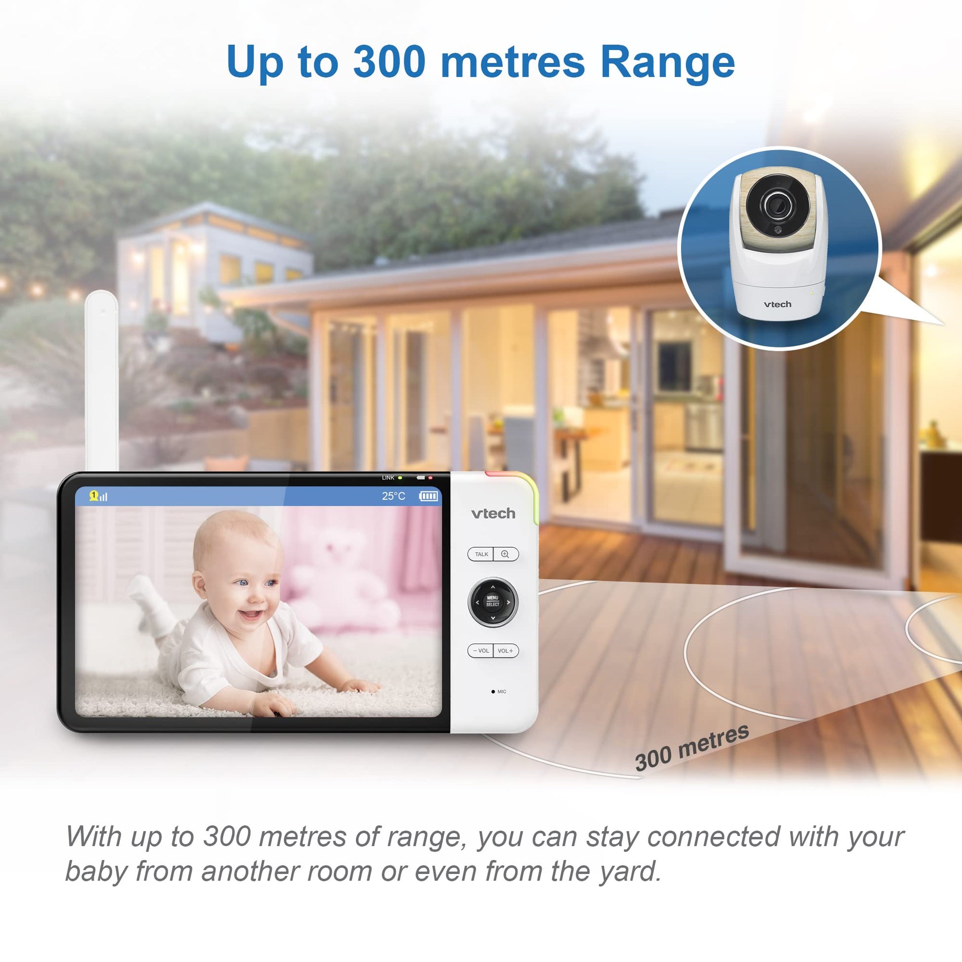 VTech VM919HD baby monitor with camera showing 360° pan, tilt, 7" HD display, night vision, and wide-angle view.