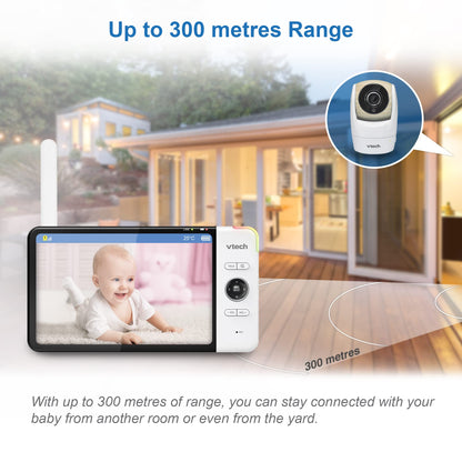 VTech VM919HD baby monitor with camera showing 360° pan, tilt, 7" HD display, night vision, and wide-angle view.