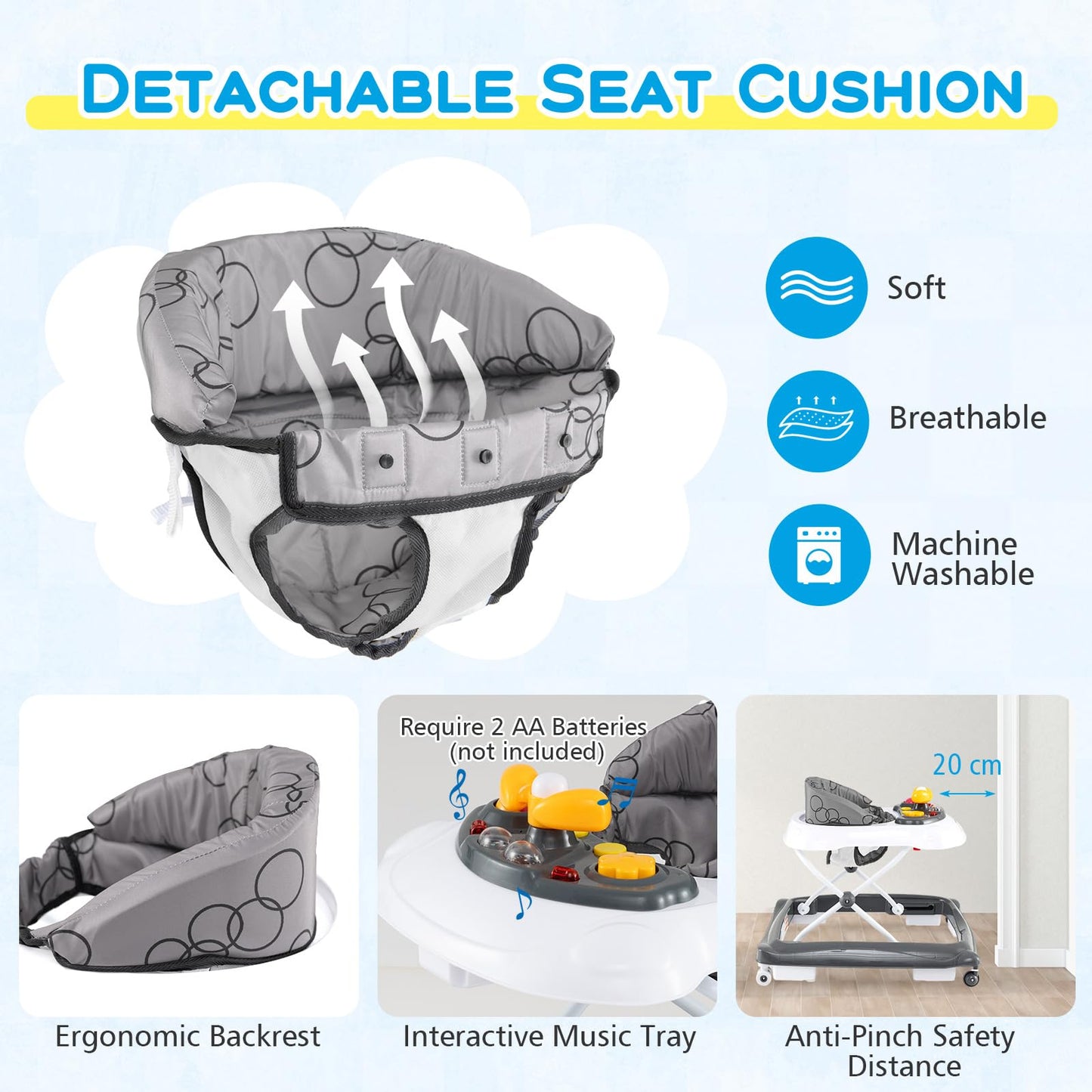 Maxmass 4-in-1 baby walker with foldable design, adjustable heights, removable lights and music tray, padded seat for infants 6-14 months