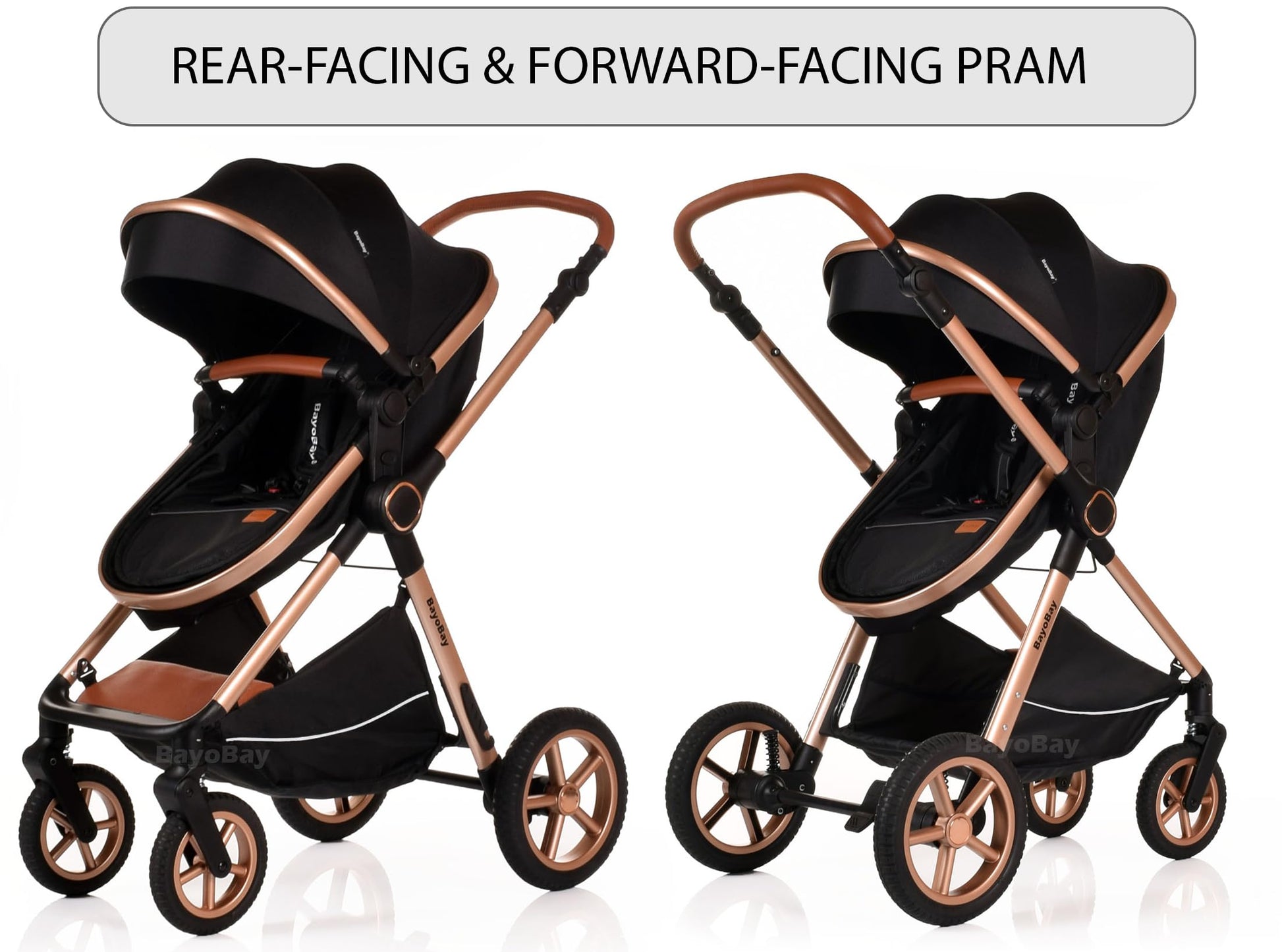 BayoBay 3-in-1 baby buggy pram stroller with black gold finish, featuring car seat, carrycot, and lightweight foldable travel system for newborns