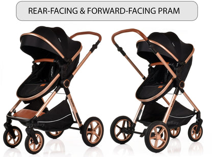 BayoBay 3-in-1 baby buggy pram stroller with black gold finish, featuring car seat, carrycot, and lightweight foldable travel system for newborns