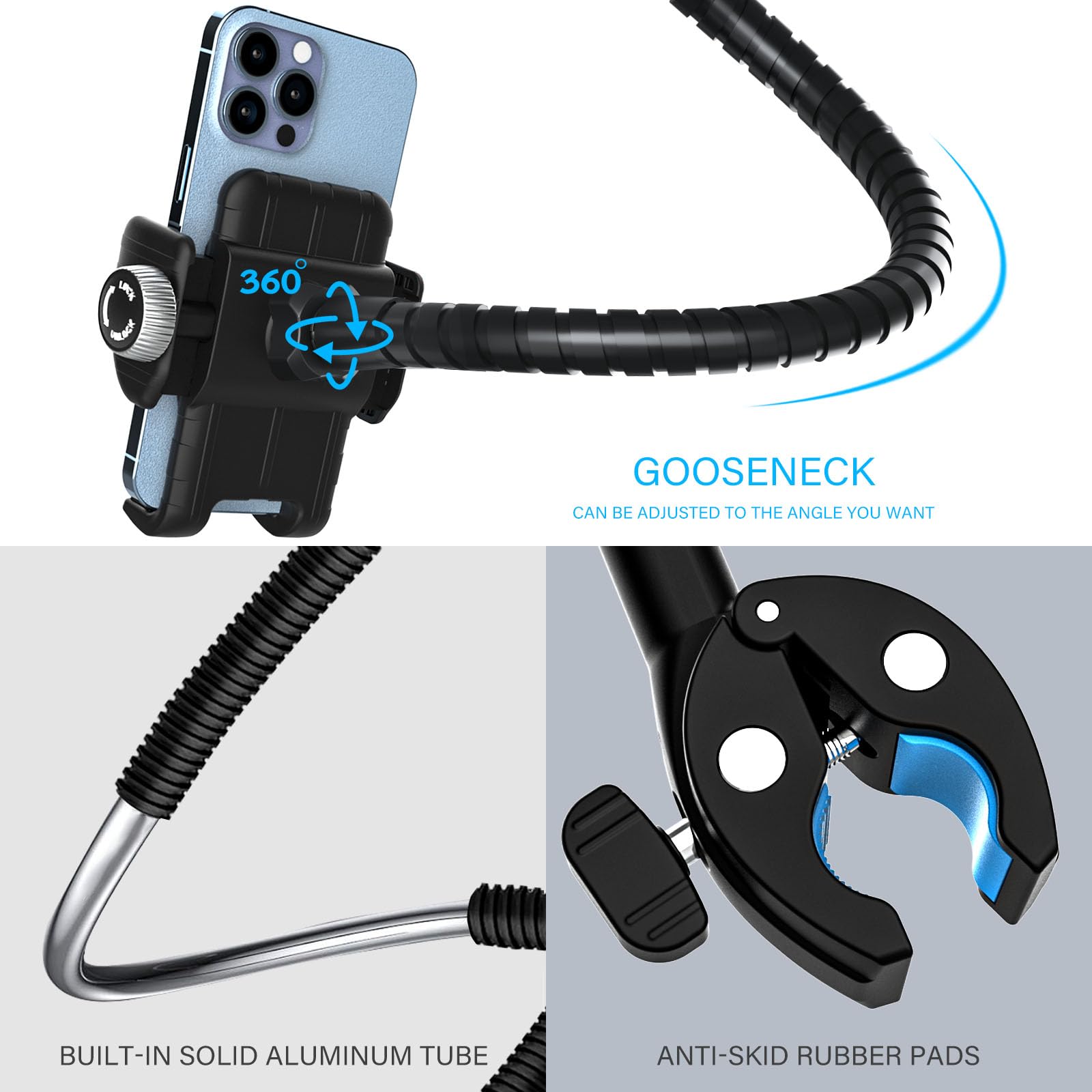 Oilcan metal flexible phone holder mount with gooseneck for wheelchairs, strollers, bikes, and treadmill handlebars.