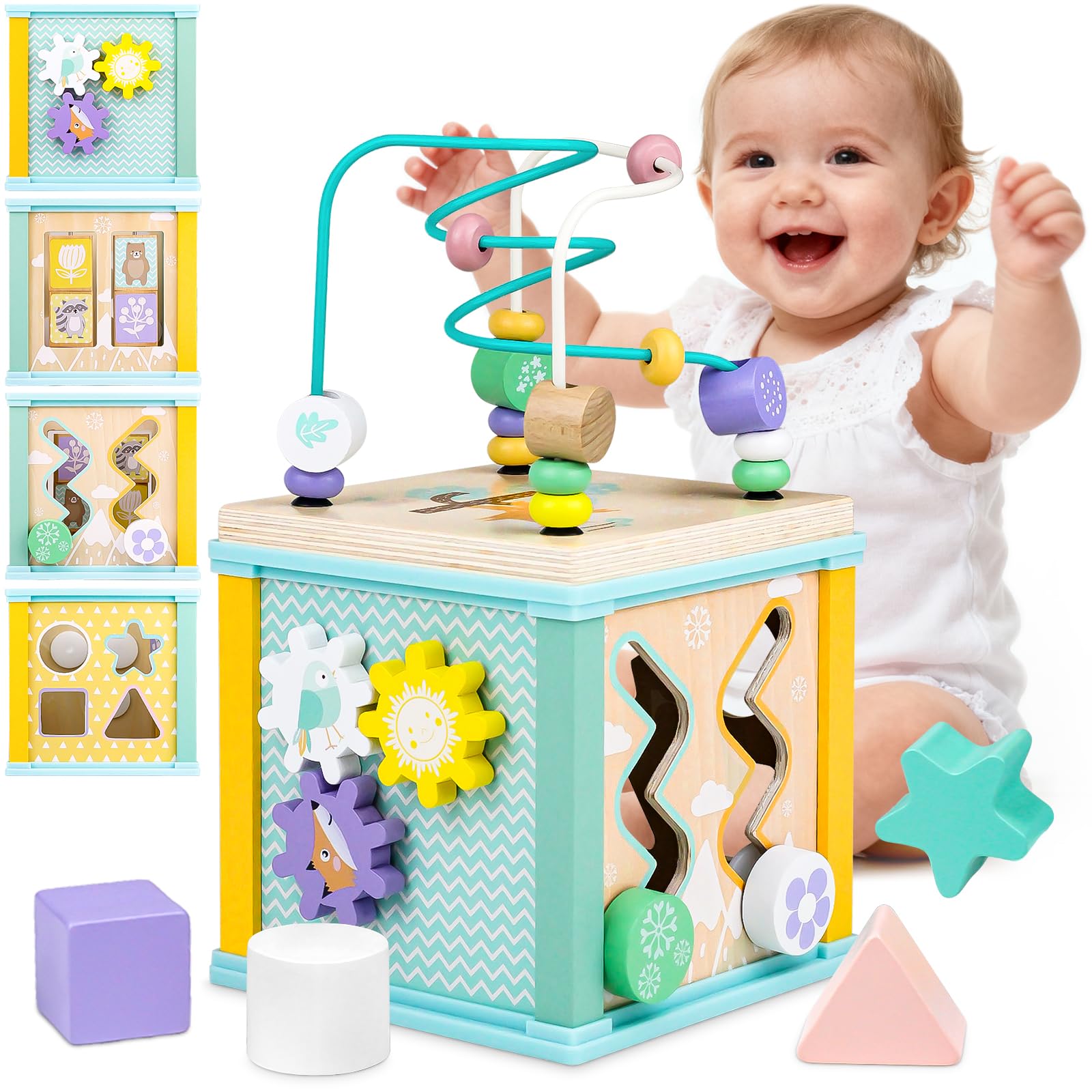 Alab Wooden Activity Cube toy for babies featuring bead maze, shape sorter, and sensory elements for educational play.